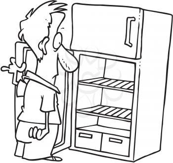 Royalty Free Clipart Image of a Man Looking in an Empty Fridge