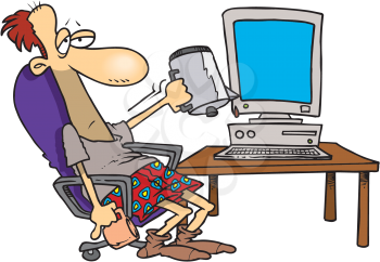 Royalty Free Clipart Image of a Man Holding an Empty Coffee Pot Beside a Computer