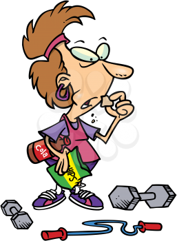 Royalty Free Clipart Image of a Woman Looking at Exercise Equipment and Eating Chips