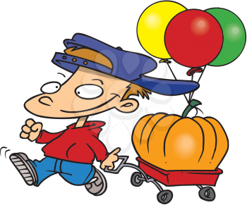 Royalty Free Clipart Image of a Boy With a Pumpkin in a Wagon and Balloons