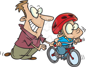 Royalty Free Clipart Image of a Father Helping His Child Ride a Bike