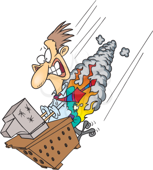 Royalty Free Clipart Image of a Man at a Computer Going Down in Flames