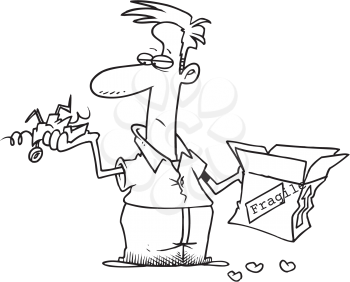 Royalty Free Clipart Image of a Man Looking at a Broken Item Taken From a Package