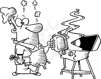 Royalty Free Clipart Image of an Exploded Barbecue and a Man with a Gas Can