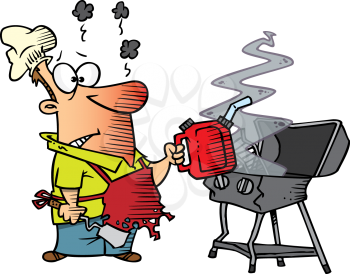 Royalty Free Clipart Image of an Exploded Barbecue and a Man with a Gas Can