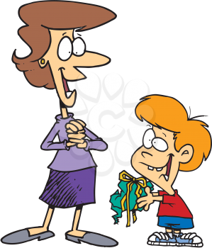 Royalty Free Clipart Image of a Little Boy Giving His Mom a Present