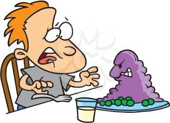 Royalty Free Clipart Image of a Child Before a Plate of Gross Food