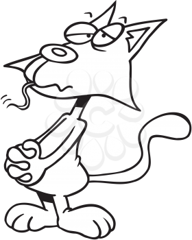 Royalty Free Clipart Image of a Cat With a Mouse Tail Coming From Its Mouth