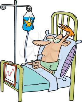 Royalty Free Clipart Image of a Man in a Hospital Bed With a Fish in the IV Bag