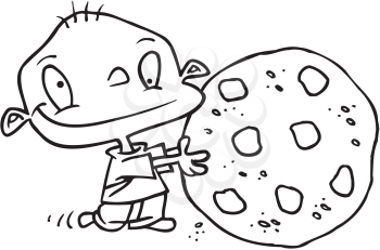 Royalty Free Clipart Image of a Boy With a Big Chocolate Chip Cookie