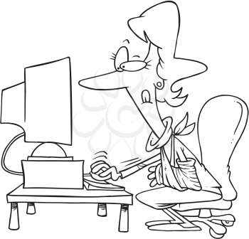 Royalty Free Clipart Image of a Woman With a Broken Arm Sitting at a Computer