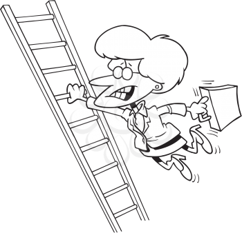 Royalty Free Clipart Image of a Woman Hanging On to a Ladder