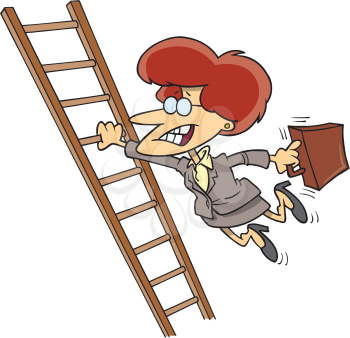 Royalty Free Clipart Image of a Woman Hanging on to a Ladder