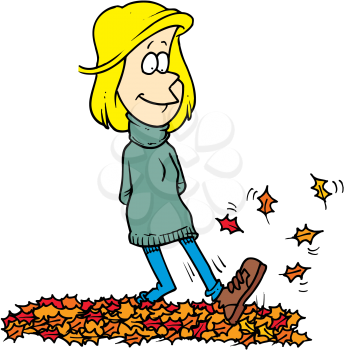 Royalty Free Clipart Image of a Girl Walking in Leaves