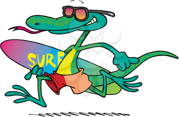 Royalty Free Clipart Image of a Lizard With a Surfboard