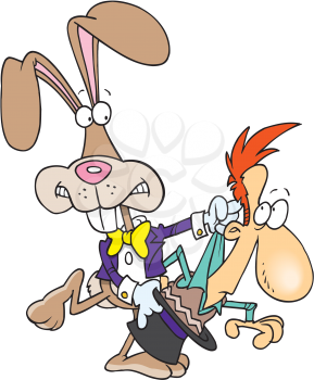 Royalty Free Clipart Image of a Bunny Pulling a Man Out of a Hat