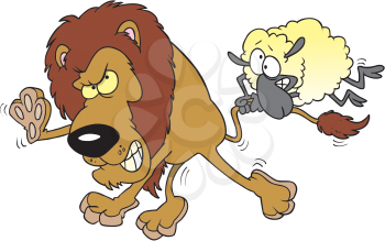 Royalty Free Clipart Image of a Sheep Hanging On to a Lion's Tail