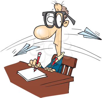 Royalty Free Clipart Image of a Man at a Desk and Paper Airplanes Flying By Him