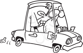 Royalty Free Clipart Image of a Man in a Small Car