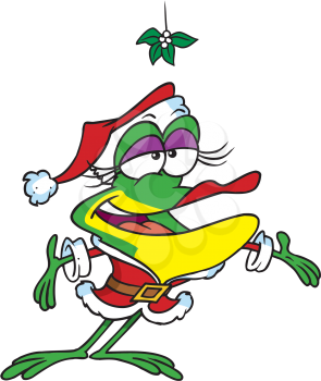 Royalty Free Clipart Image of a Frog in a Santa Suit Standing Under the Mistletoe