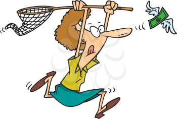 Royalty Free Clipart Image of a Woman Trying to Catch a Dollar Bill With a Net