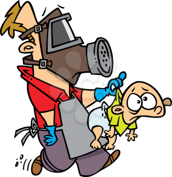 Royalty Free Clipart Image of a
Dad Carrying a Baby with a Soiled Diaper