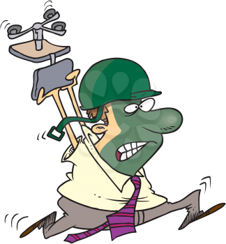 Royalty Free Clipart Image of an Angry Man in a Helmet Carrying a Chair