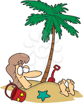 Royalty Free Clipart Image of a Woman Buried in Sand at the Beach