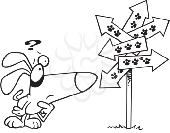 Royalty Free Clipart Image of a Dog Confused by Paw Print Direction Signs