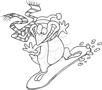 Royalty Free Clipart Image of a Snowboarding Penguin