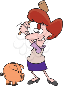 Royalty Free Clipart Image of a Woman Breaking a Piggy Bank
