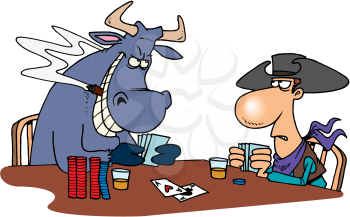 Royalty Free Clipart Image of a Bull and Cowboy Playing Cards