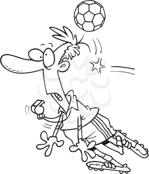 Royalty Free Clipart Image of a Referee Getting Hit by a Soccer Ball