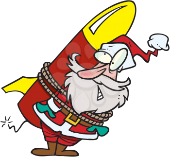 Royalty Free Clipart Image of Santa With a Rocket Tied to Him