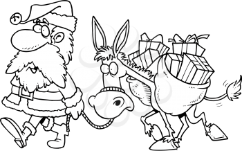 Royalty Free Clipart Image of Santa With a Donkey