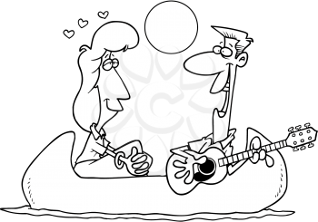 Royalty Free Clipart Image of a Man Serenading a Woman in a Canoe