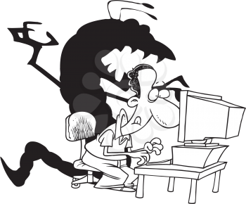 Royalty Free Clipart Image of a Man at the Computer and a Scary Shadow