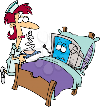 Royalty Free Clipart Image of a Nurse With a Sick Computer