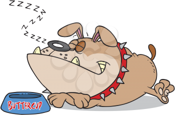 Royalty Free Clipart Image of a Dog Sleeping Beside His Dish