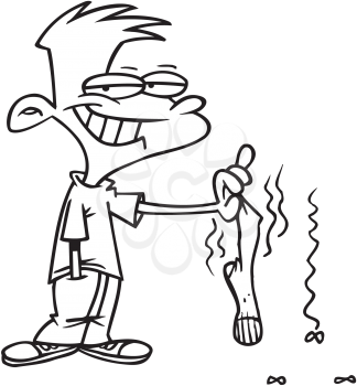 Royalty Free Clipart Image of a Boy With a Smelly Sock