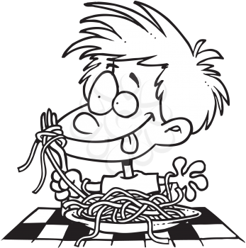 Royalty Free Clipart Image of a Boy Eating Spaghetti