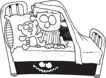 Royalty Free Clipart Image of a Little Boy Afraid of the Monster Under His Bed