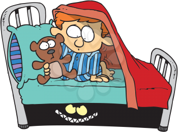 Royalty Free Clipart Image of a Boy Afraid of the Monster Under the Bed