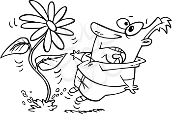 Royalty Free Clipart Image of a
Man Surprised by a Growing Spring Flower