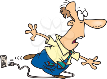 Royalty Free Clipart Image of a Man Tripping Over an Electrical Cord