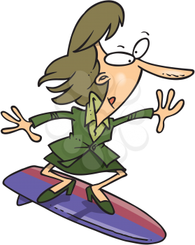 Royalty Free Clipart Image of a Businesswoman on a Surfboard