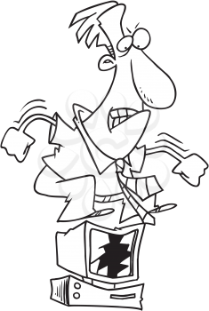 Royalty Free Clipart Image of an Angry Man Jumping on a Computer