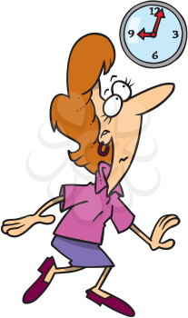 Royalty Free Clipart Image of a Late Woman Tip-Toeing Past the Clock