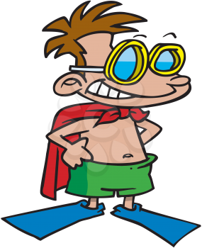 Royalty Free Clipart Image of a Boy in a Swimsuit, Flippers, Goggles and a Cape