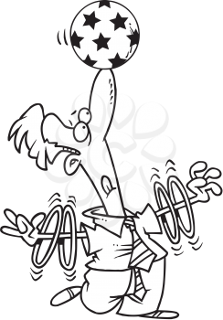 Royalty Free Clipart Image of a Man Balancing a Ball on His Noise While Spinning Rings on His Arms
